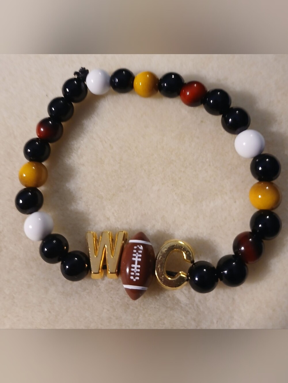 NWT Handcrafted Men's Gold Letter, Football Beaded Multicolor Stretch Bracelet.